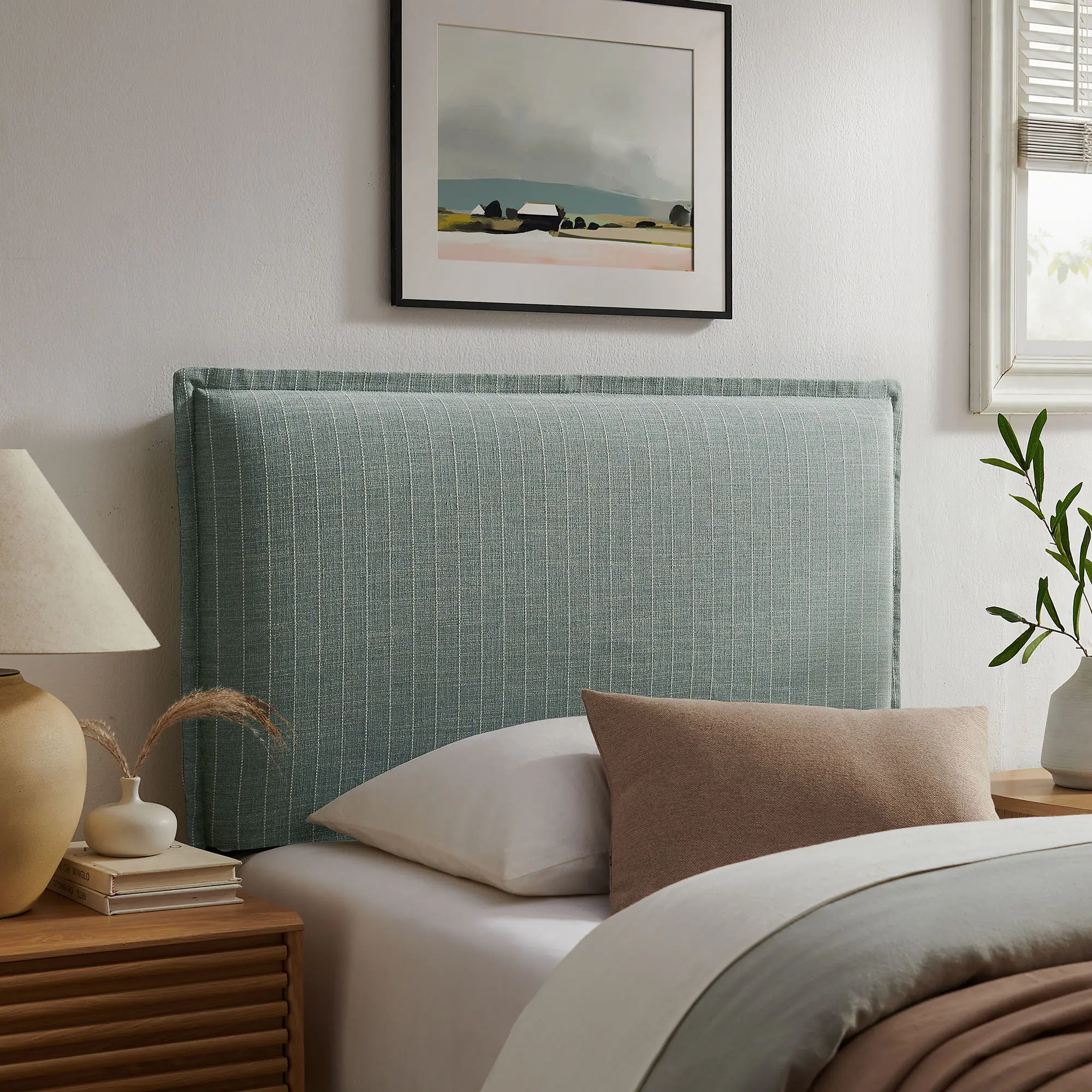 Camille Striped Linen Blend Twin Size Headboard in Spa Blue Stripe
