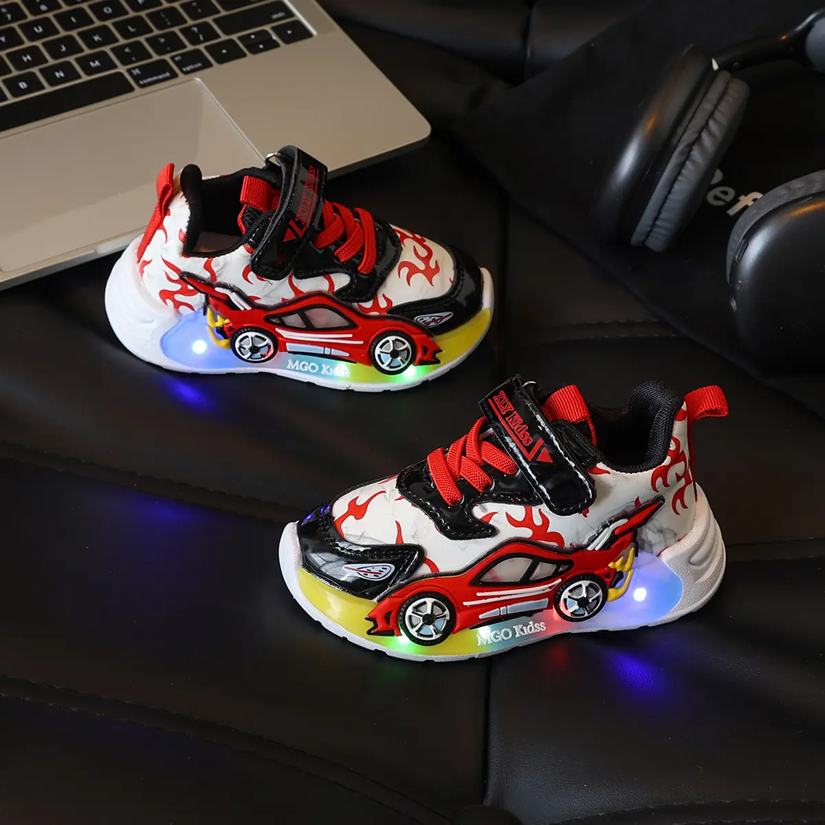 Boys Cartoon Race Car LED Light Up Sneakers, Soft Non-Slip Sole Casual Shoes for Daily School & Outdoor Kids Wear