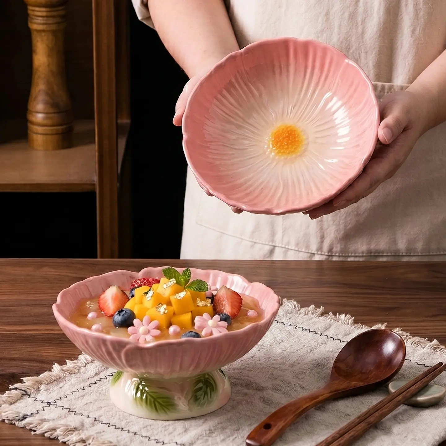 HongDian Pink Cherry Blossom Pedestal Bowl,6 in Ceramic Fruit Dessert Bowl,Hand Painted Floral Pattern,Premium Ceramic,SGS Tested Underglaze Non Fading,Microwave Dishwasher Oven Sterilizer Safe,Yogurt Salad Snack Serving Table Decor Gift, 6\ Pink Sakura F