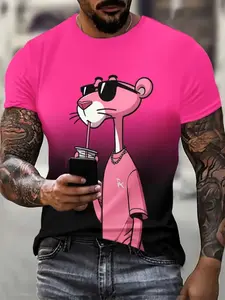 Men's Casual Streetwear 3D Playful Leopard Print Polyester Short Sleeve T-Shirt, Slightly Elastic Knit Fabric, Breathable Comfort, All Seasons, Menswear, Fitted, Casual Street Fashion