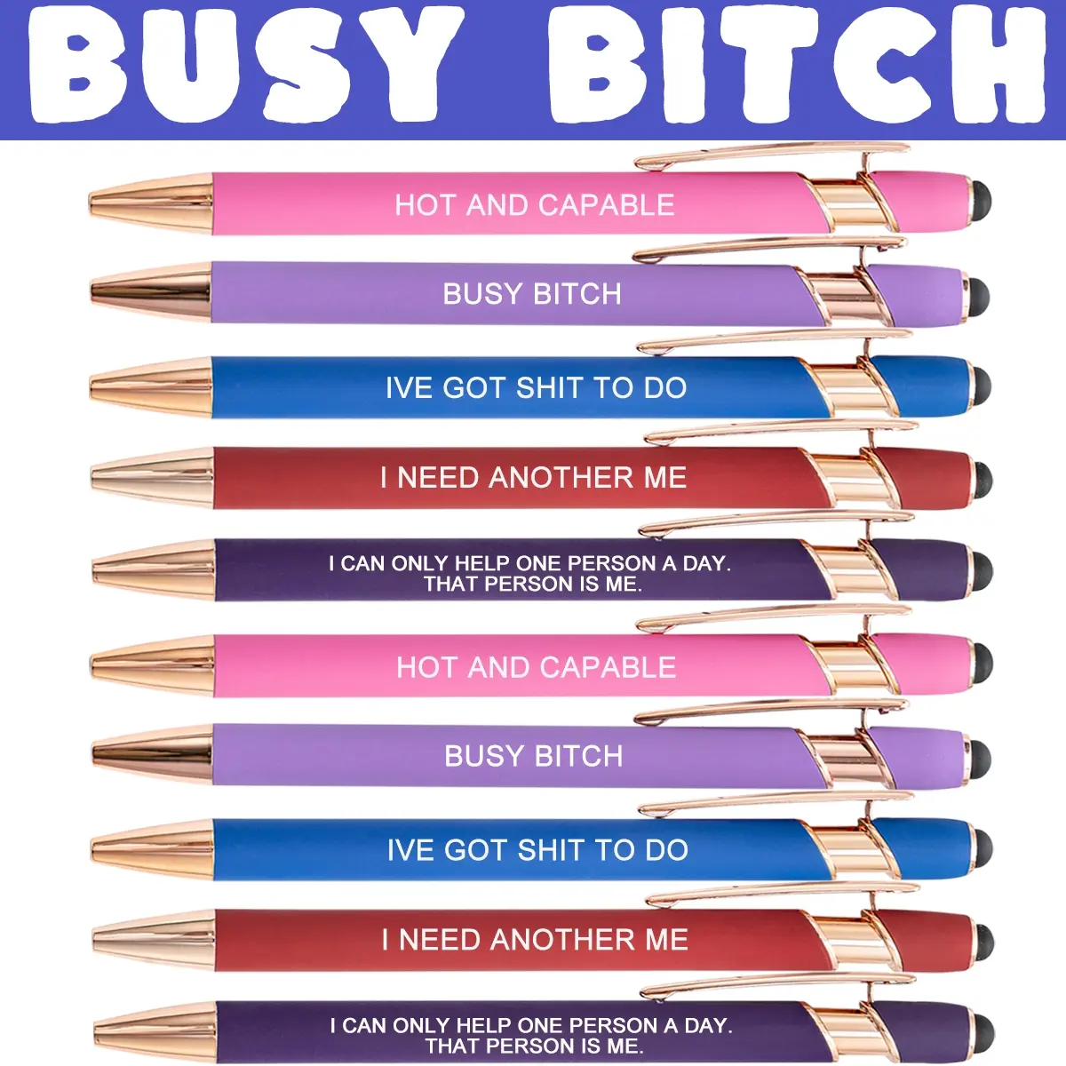 BUSY BITCH Touch Stylus Ballpoint Pen Set (10/5 pcs) with Funny Quotes,Sassy Boss Lady Pens ,Smooth Black Ink for Office, Journaling, Notebooks - Great Gift for Women, Coworkers, Adults, Ballpoint Pen Gifts (Spoof Fun Style Gag Gift)