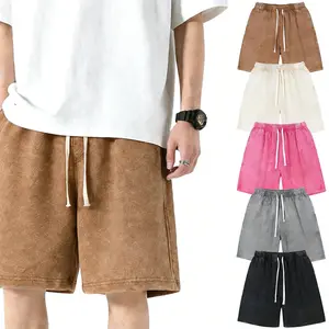 4PCS Summer  Men's Retro Washed Hip Hop Streetwear Shorts Unisex Sweatshorts Elastic Loose Fit Jogger Shorts Oversize Beige Casual