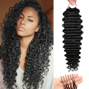 Niusdas Deep Wave Feather Crochet Human Hair Bundles 20 Inch 60g Pre‑Separated Burmese Curly Human Crochet Hair for Black Women Invisible Knotless Curly Hair Extensions Natural Black