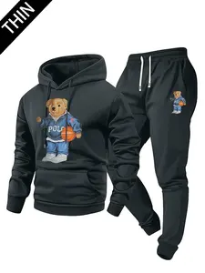 Men's spring and autumn thin basketball bear print pattern hoodie and sweatpants set, stylish casual men's clothing with pockets, street sports, elastic waist drawstring long pants two-piece set, suitable for cool weather, a gift for boyfriend or husband