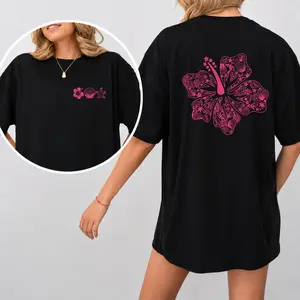 Oversized Fit Hibiscus With Seashell Starfish Print T Shirt For Casual Summer Days