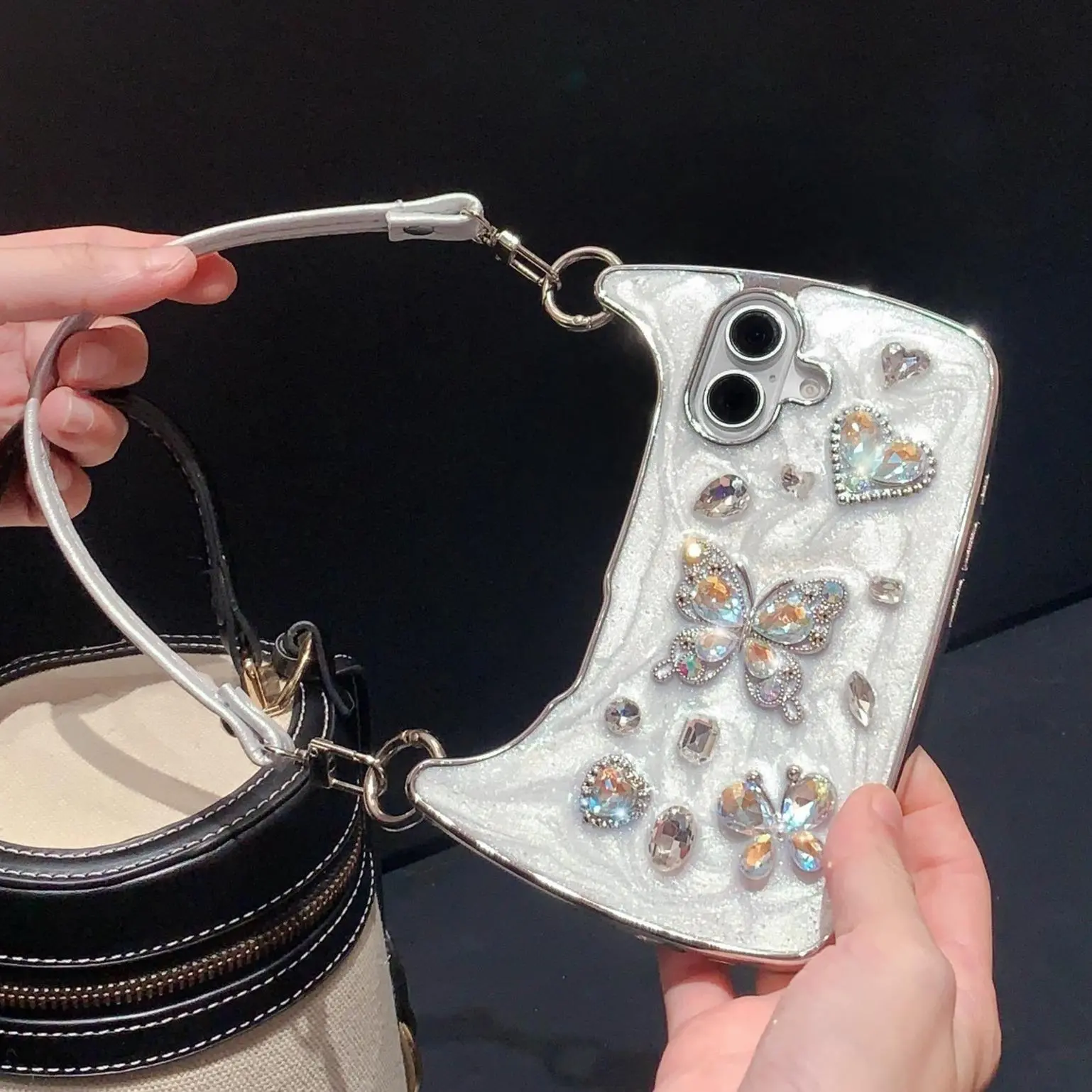 Lanyard 3D Diamond Sparkle Case for iPhone 17 Pro Max 16 15 14 13 Glitter Bling Crystal Handbag Case with Wristband Bracelet for Women Girls Butterfly Bow Heart Mirror Shockproof Pretty Luxurious 3D Rhinestone Case Cover tiktokshopbacktoschool