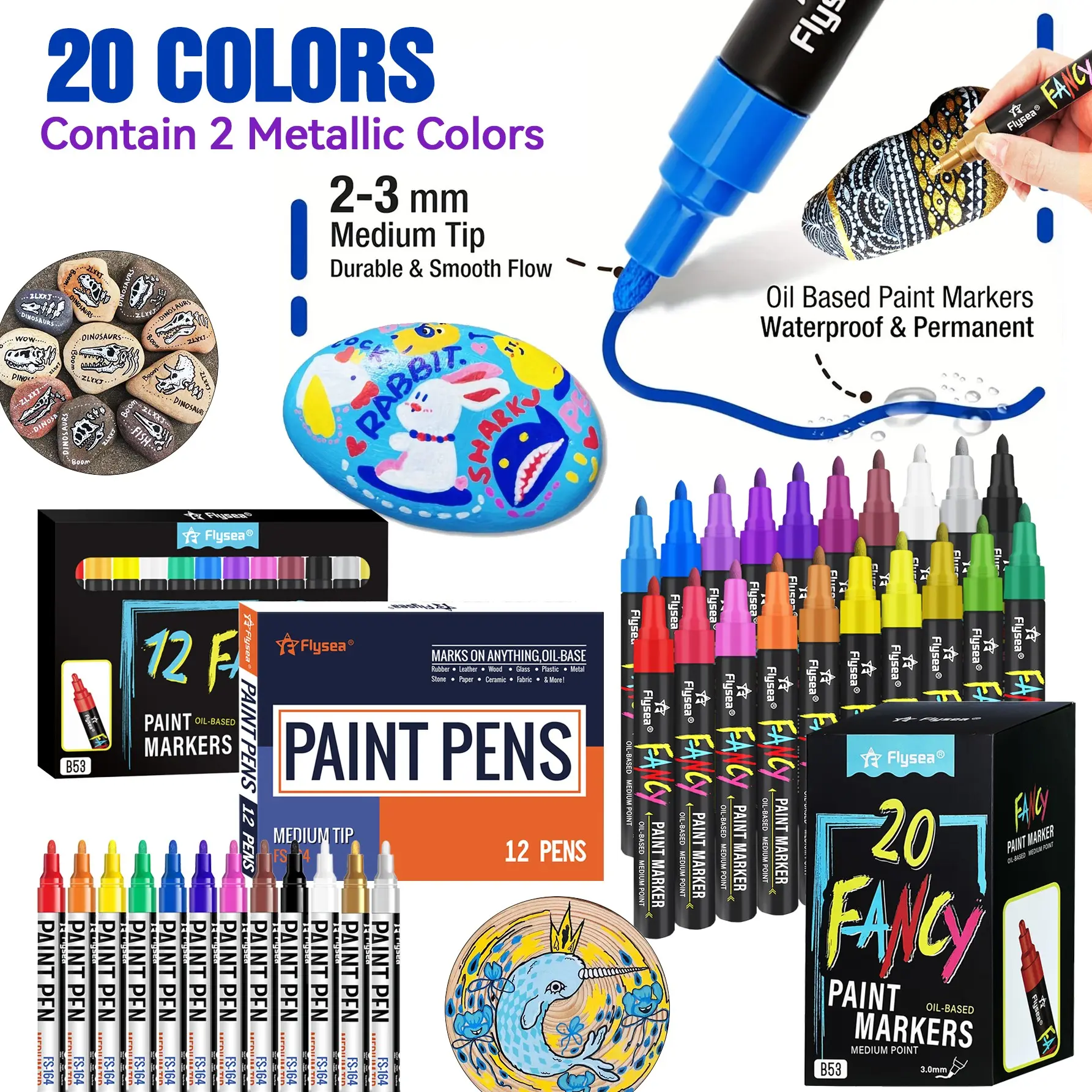 Flysea 12/20 Pack Oil-Based Quick Dry Permanent Markers, Art Pen, Medium Tip for Various Surfaces, Durable Plastic Material