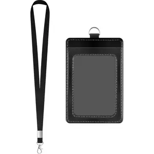 PU Leather ID Badge Holder Lanyard Extra Thick ID Card Name Badge Holder with 1 Clear ID Window 1 Credit Card Slot for Office Staffs, Teachers/Students, Workers, Cruise Cards, Bus/Metro Cards (1 Pack Black)