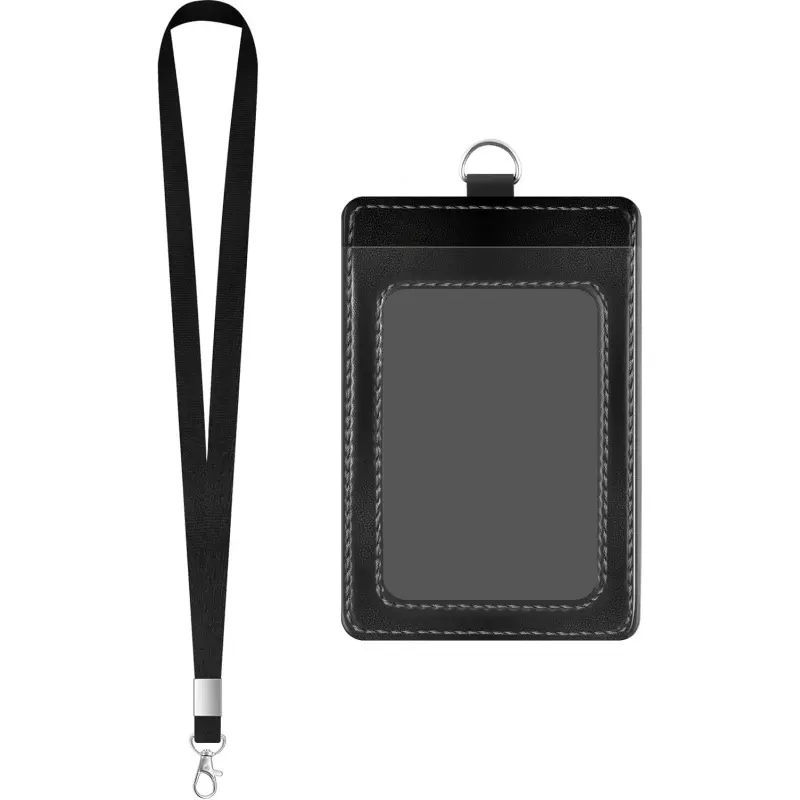 PU Leather ID Badge Holder Lanyard Extra Thick ID Card Name Badge Holder with 1 Clear ID Window 1 Credit Card Slot for Office Staffs, Teachers/Students, Workers, Cruise Cards, Bus/Metro Cards (1 Pack Black)