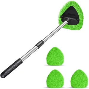 Windshield Cleaner, Car Window Cleaning Tool with Extendable Handle, 3 Washable Reusable Microfiber Cloth Pads, Auto Interior Exterior Glass Wiper Kit Supplies, Car Accessories (Green)