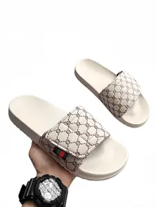 Men's Floral Slip-On Sandals, Large Size Slippers, Anti-Slip Outdoor Beach Casual Shoes, PU Leather Eva Sole, All Seasons, Open Toed Slippers