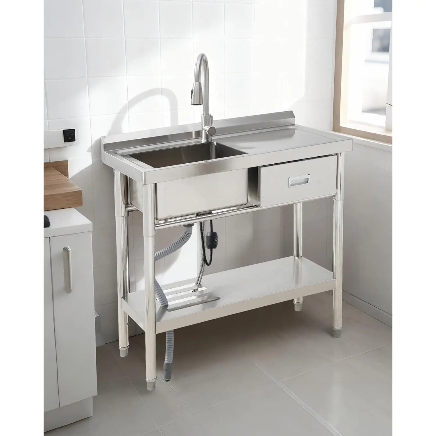 Stainless Steel Kitchen Sink - 39" Single Bowl Freestanding Kitchen Sink Unit Station with Drawer, Workbench, Rack, Rotating Tap & Full Set Complete Plumbing, Kitchen Sinks, Solid Metal