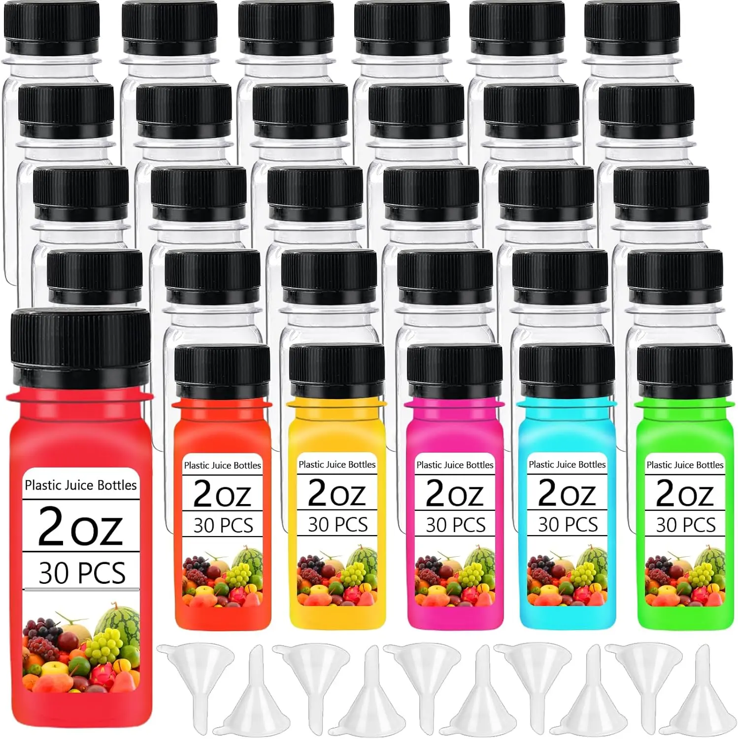 Black Lid Ginger Shots Containers, 30 Pcs 2oz Small Plastic Shot Bottles with White Caps,Reusable Clear Juice Bottles,Empty Plastic Containers with 10 Funnels for Ginger Shots,Liquids,Beverages
