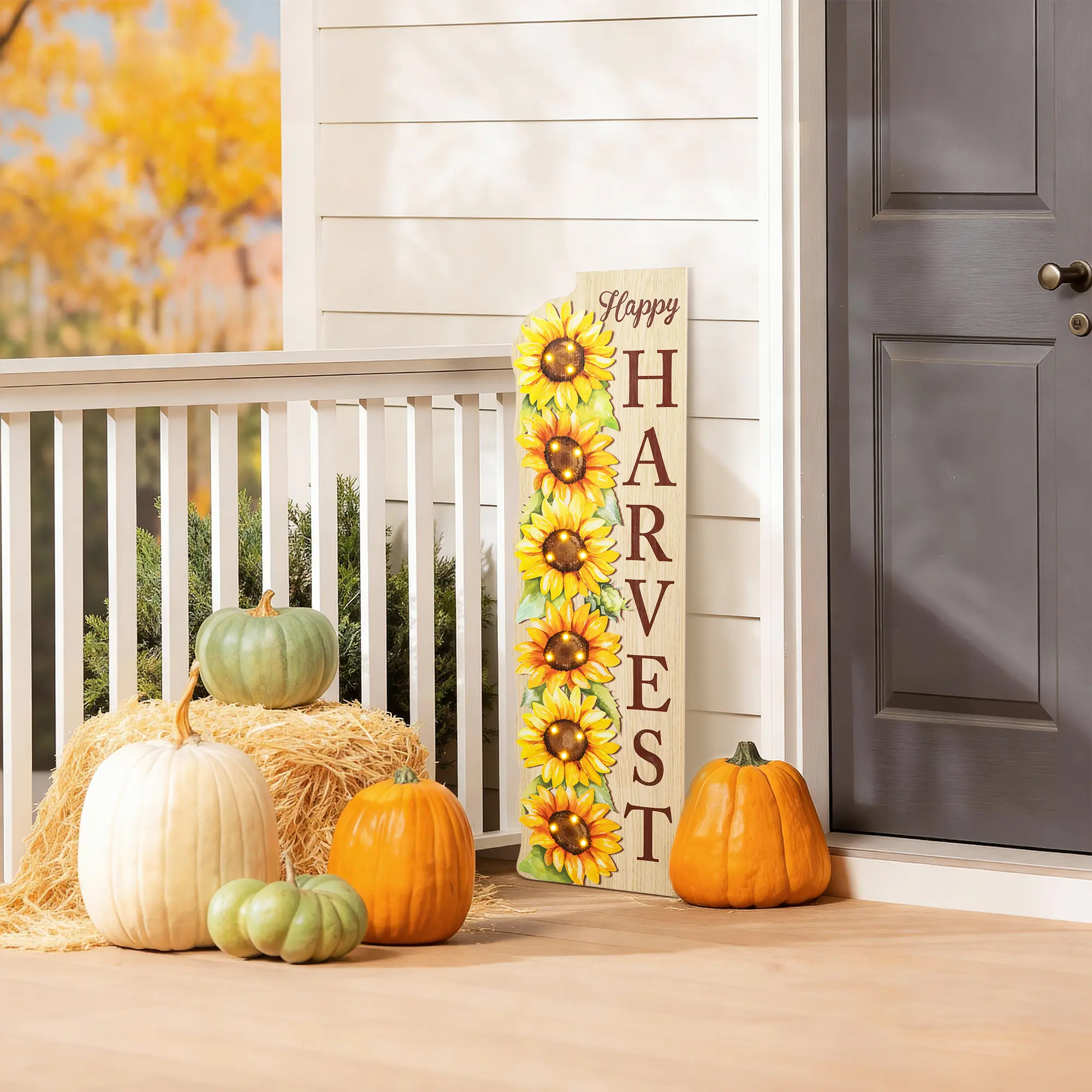 Glitzhome 36"H Fall Lighted Wood Watercolor Sunflower Porch Sign Decor with Timer, Signs