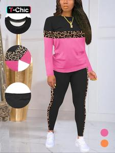 women's fall winter long sleeve pants set, leopard patchwork solid color casual, home party leisure wear, 2 piece set
