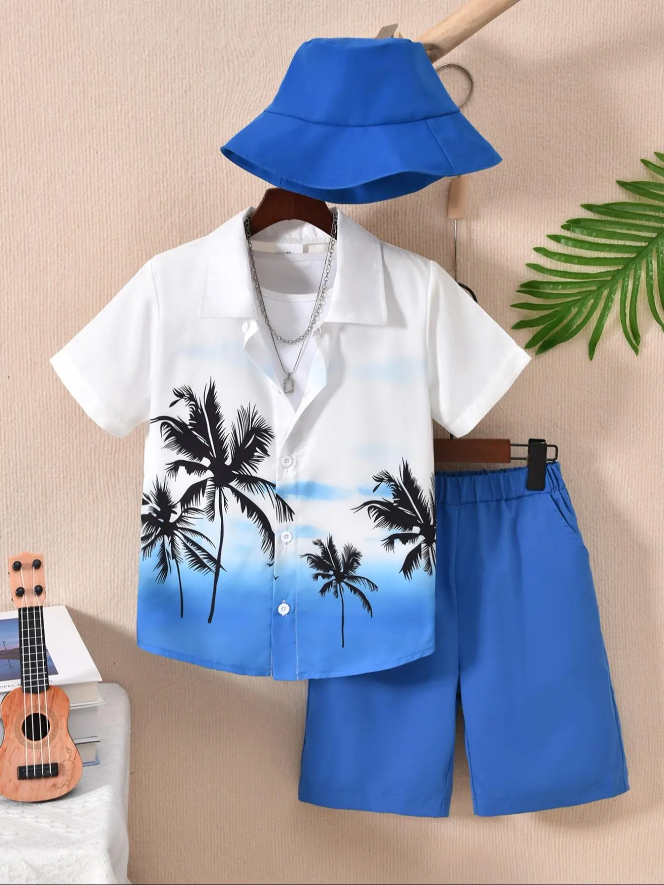 Three-piece Set Boy's Palm Tree Print Short Sleeve Top  & Shorts & Hat Set, Casual Summer Outfits Clothes for Kids, Kids Clothing for Beach Vacation Holiday, Matching Set, Combined Set
