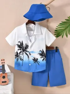 Three-piece Set Boy's Palm Tree Print Short Sleeve Top  & Shorts & Hat Set, Casual Summer Outfits Coordinated Look Beachwear Clothes for Kids, Kids Clothing for Beach Vacation Holiday