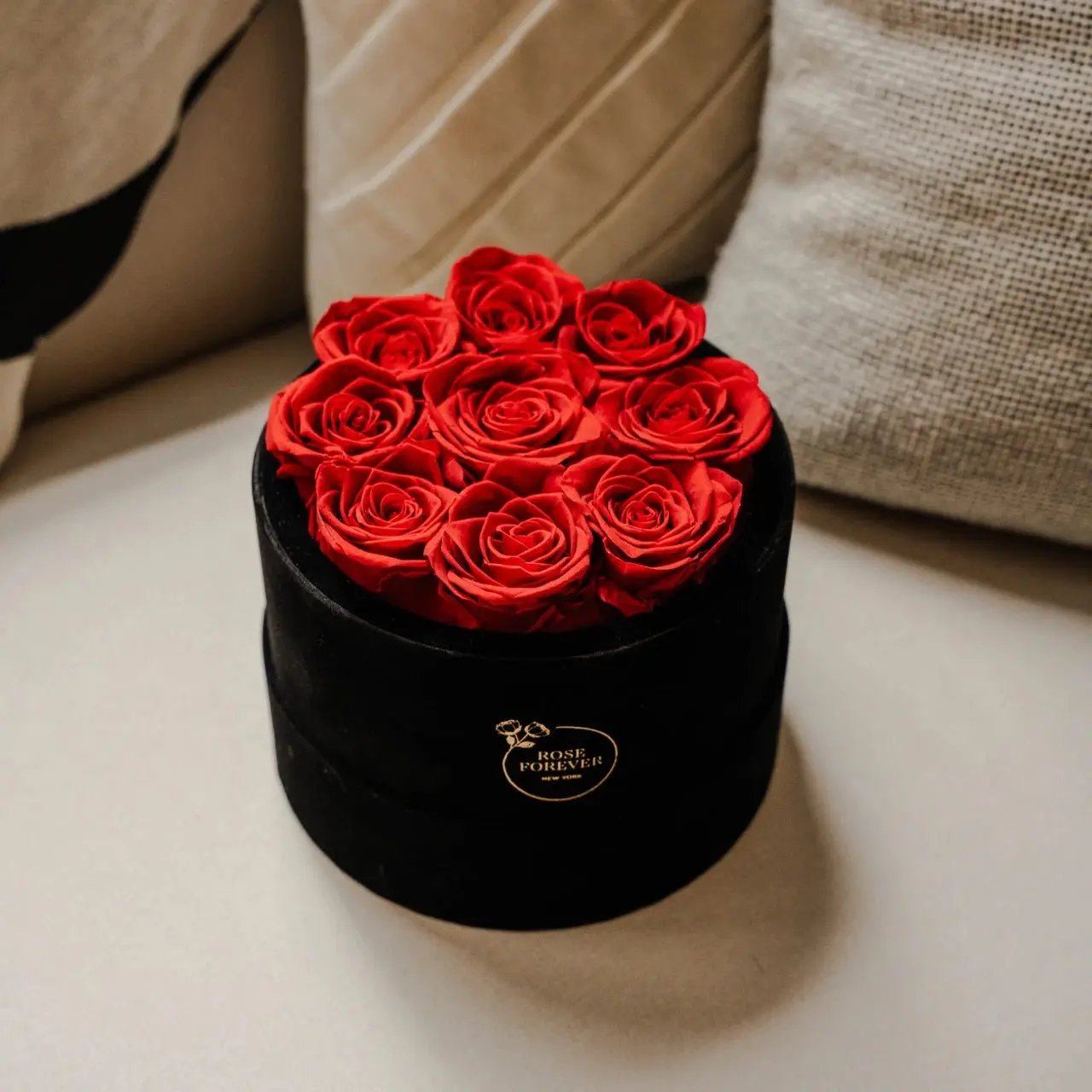 Artisan Crafted 9 Red Preserved Roses Bouquet - Round Black Velvet Box with Gold Stamp, Luxe Home Decor Accent That Lasts Year