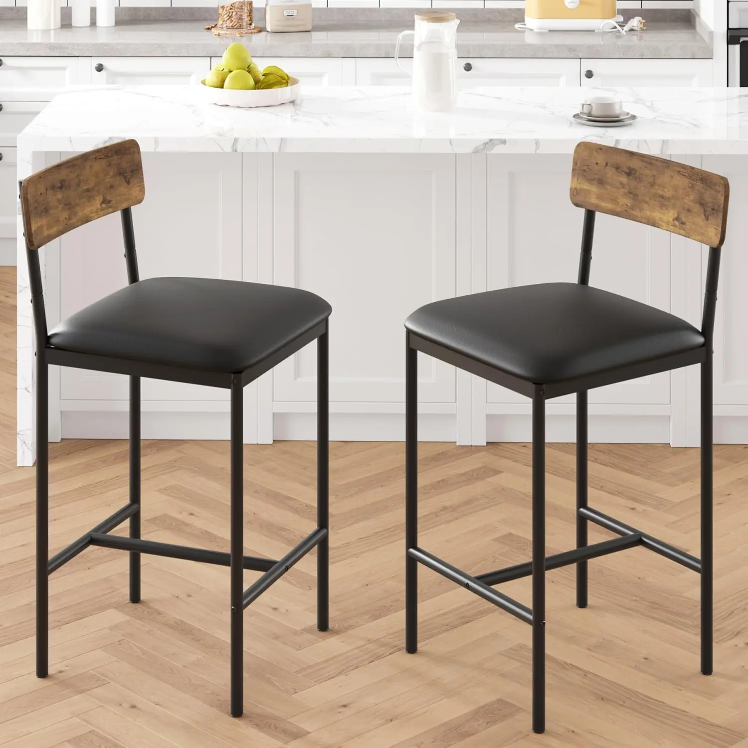 Gaomon Modern Counter Stools, 2-Piece Set - 12" Backrest Height, 350lb Weight Capacity, PU Leather Padded Seat, H-Frame Base with Footrest Built, Easy Setup, Assembly Required, Brown for Kitchen Island Bar