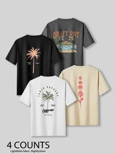 Men's Palm Tree & Letter Print Tropical Short Sleeve Graphic Casual Beach Tee, Regular Fit Casual Streetwear Round Neck T-shirt for Summer, Men's Top for Daily Wear, Menswear
