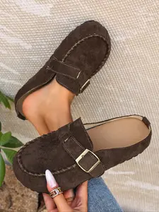 Women's Fashion Casual Lightweight Slip-On Mules, All Season Shoes with Metal Buckle and Handmade Stitching Details, Retro Style