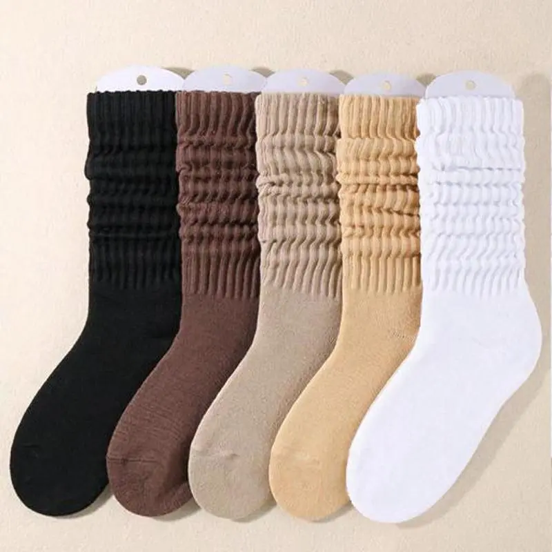 Lady's 5 Pairs Slouchy Crew Socks, Soft Solid Color Mid-Calf Socks, Breathable & Cozy for Casual Daily Wear, Walking, and Travel