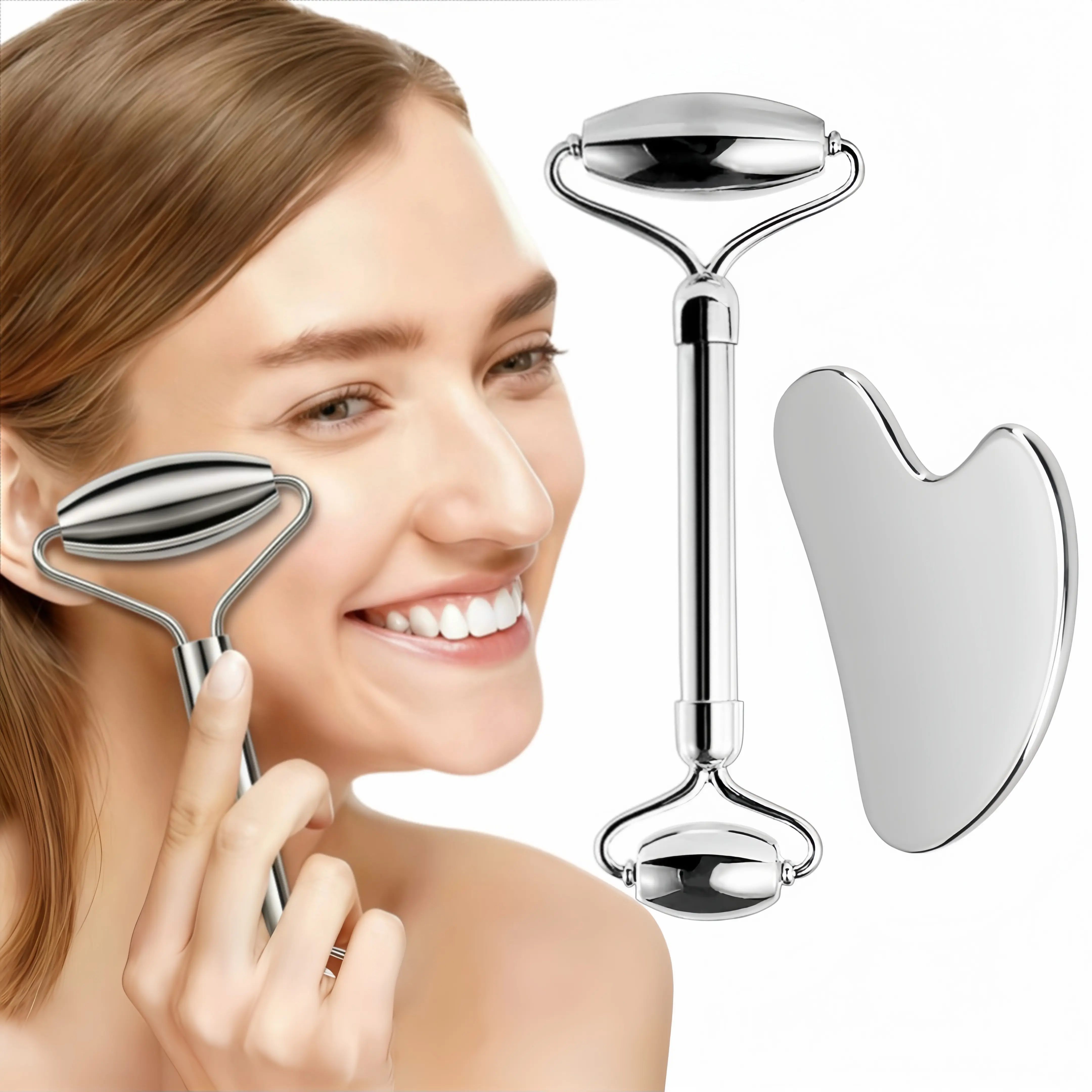 LMMAKE 1SET Stainless Steel Face Lifting Roller & Facial Body Scraper Skin Care Tools, Smooth Facial Massager for Face & Neck, Reduces Wrinkles, Tightens Skin, Ideal Gift