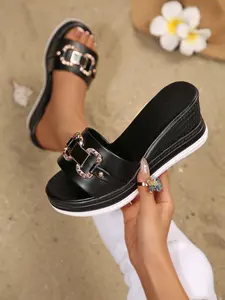 Women's Metal Buckle Wedge Sandals, Open Toe Summer Outdoor Elevator Slippers, Casual Fashion Footwear for Daily Wear