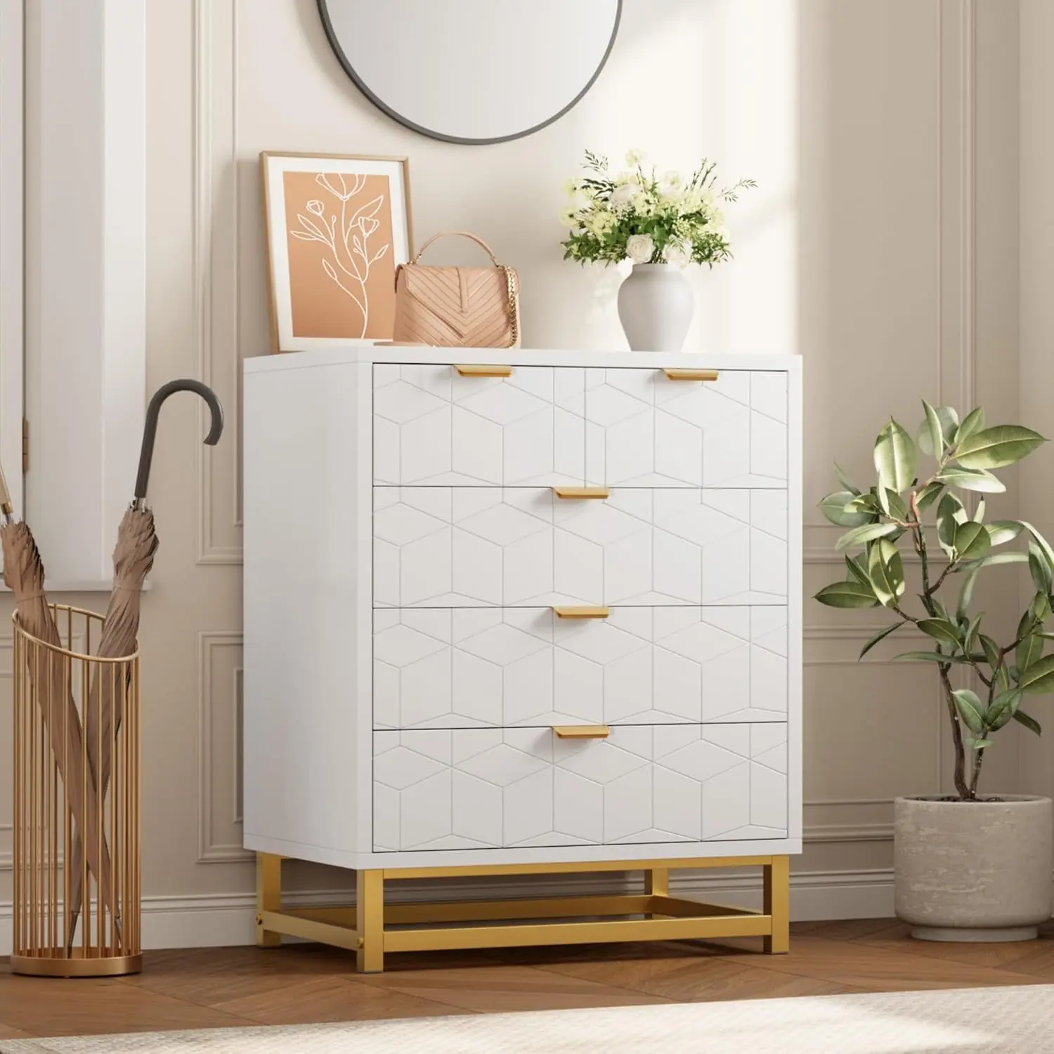 Gaomon 5-Drawer MDF Board Dresser Chest Organizer - Sturdy Legs, Metal Base, Quick Setup Home Storage for Bedroom, Living Room (White), Five Drawers