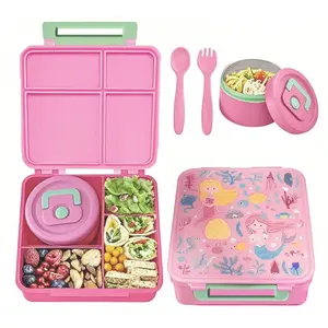 Nifogo Kids Bento Lunch Box with 4 Compartment & 8.5oz Soup Thermo, Leakproof Food Container with Insulated Lunch Bag for School Travel Picnic Pink&Blue