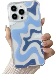 Compatible with iPhone 14 / iPhone 13 Phone Case, Cute Art Wavy Painted for Women Girls, Soft TPU Edge PC Back Protective Shockproof Phone Case-Blue (iPhone 14 / iPhone 13)