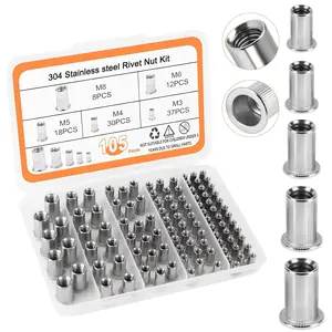 Metric Rivet Nut Assortment Kit - 105 Count 304 Stainless Steel Rivet Nut Set with M3, M4, M5, M6, M8, and M6 with 12 count Each, Threaded Insertion Nut