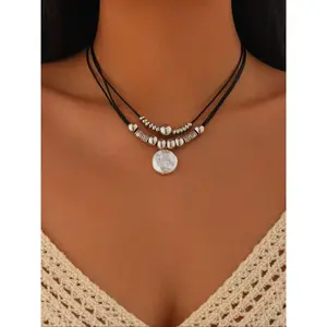 Round Textured Beaded Decorated Layered Necklace, Fashion Jewelry for Party, Daily Clothing Decor, Trendy All-match & Exquisite Jewelry for Birthday Gift, Trendy Charm Necklaces, Handmade Beaded Necklace