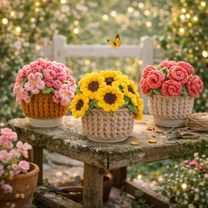 Crochet Flower Coaster Pot, Sunflower Rose Peach Blossom Crochet Pattern, Flower Bouquet Coaster Crochet