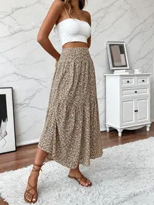 Women's Ditsy Floral Print A-Line Skirt - Boho Casual High Waisted Long Maxi Skirt for Summer Beach Holiday Vacation - Elegant Chiffon Flowy Swing Skirt for Ladies Sun Dress