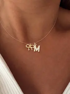 Women's Zirconia Bow Initial Pendant Necklace, Fashionable Elastic String Design, Elegant Jewelry Accessory for All Occasions