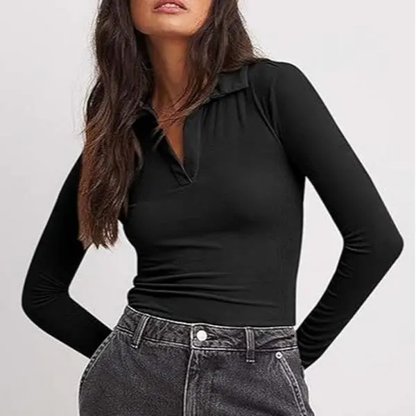 Tankaneo Womens Long Sleeve Polo Shirts V Neck Collared Work Shirt Slim Fit Ribbed Knit Basic Going Out Fall Tops