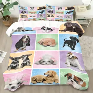 2/3 Pcs Color-Background Cute Puppies Bedding Duvet Cover Set, 1 Quilt Cover & 1/2 Pillowcases (no filler), Cute Puppy Pattern, Fits Bedroom/Vibrant Colorful Homestay/Apartment, Ideal for Dog Lovers/Families/Anniversary Gifting