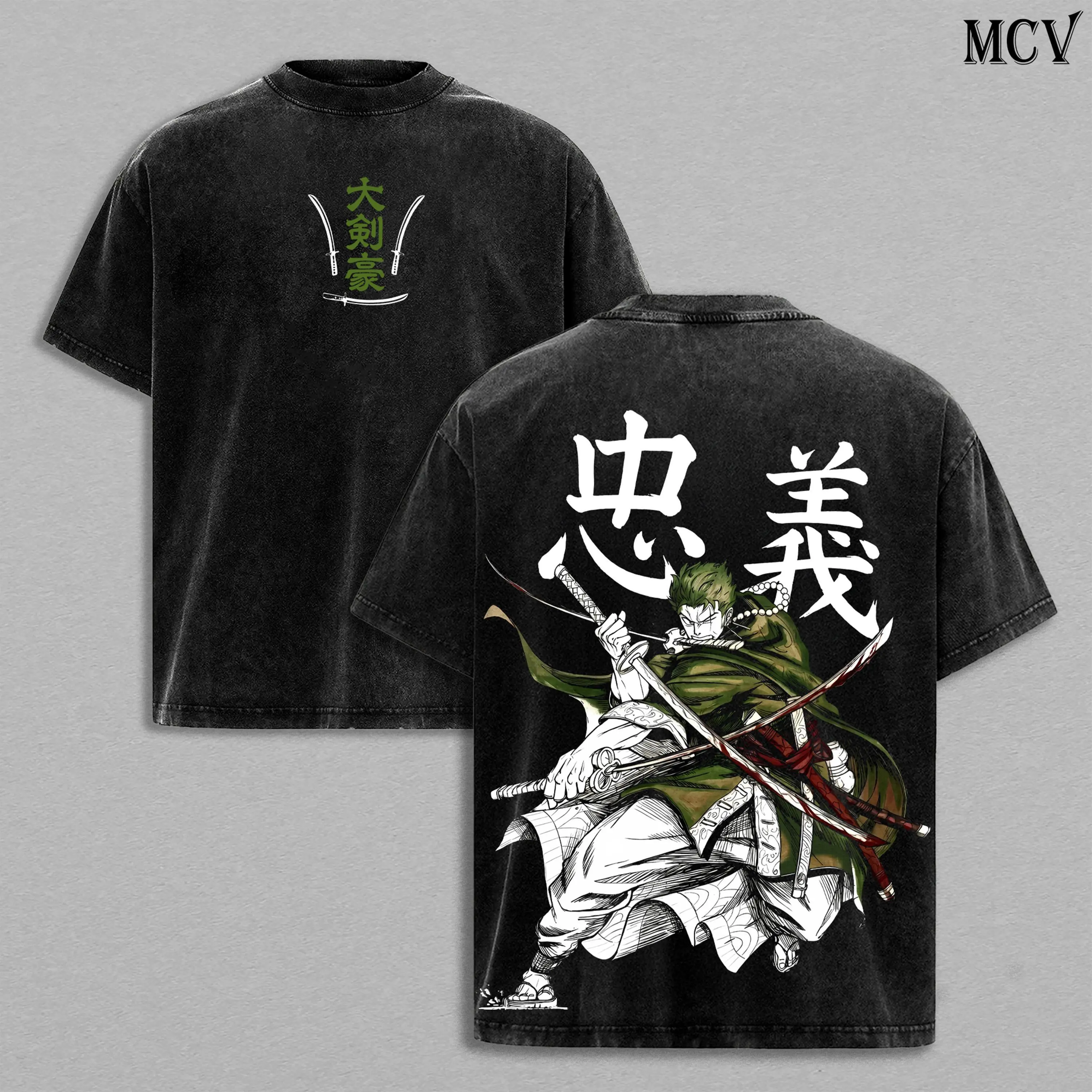 Men's Oversized Vintage Washed Zoro 3-Sword Style Graphic Heavy Cotton Short-Sleeve Crew Neck T-Shirt - Manga Fashion Anime Merch, Samurai Enthusiasts Streetwear, Machine Washable Sports Top