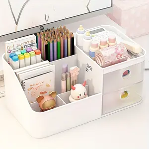 A multi-compartment tabletop storage box, Table organizers, with six compartments and two drawers that can be used as a multi-function stationery pen holder, office supplies storage box in bedroom desks or drawers