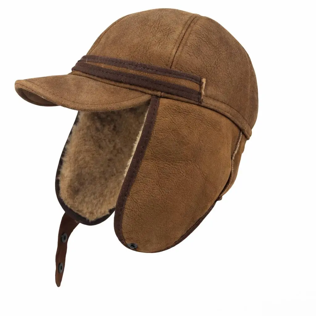 Men's Handmade Genuine Shearling Lamb Skin Leather Trapper Visor Hat - Warm Winter Pilot Hat with Ear Flaps, Suitable for Anniversary Gifting, Dry Cleaning Recommended