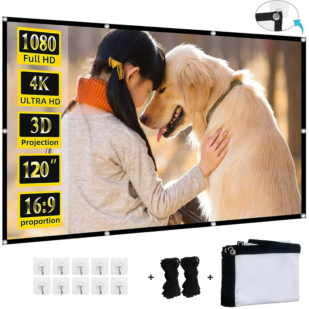 120 inch Projector Screen 16:9 High density material Foldable Anti-Crease Portable Projector Movies Screens for Home Theater Outdoor Indoor Support Double Sided Projection Screen