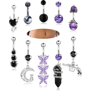 LOLIAS 10Pcs Belly Button Rings Surgical Stainless Steel CZ Heart Dragon Butterfly Dangle Navel Rings for Women Barbell Piercing Jewelry Waist Beads