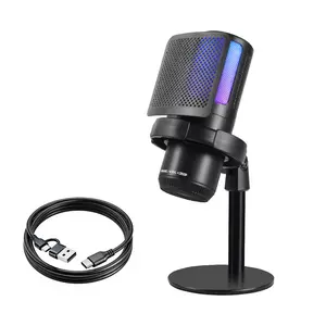 PC Gaming Noise-Canceling Condenser Microphone with RGB Light Mute Gain Compatible with Phones and Computers USB Type-C Dual Plug for Live Streaming Recording Podcast Chat