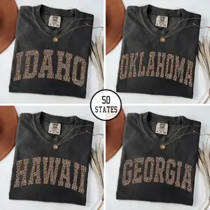 Comfort Colors Leopard All 50 States T-Shirt, Custom State Name Graphic Tee, USA States Shirt, College Leopard Print Shirt, Personalized Gift for Her, Trendy Unisex Cotton Top, Cute Travel Souvenir Tee - JACKSON HOAI STORE