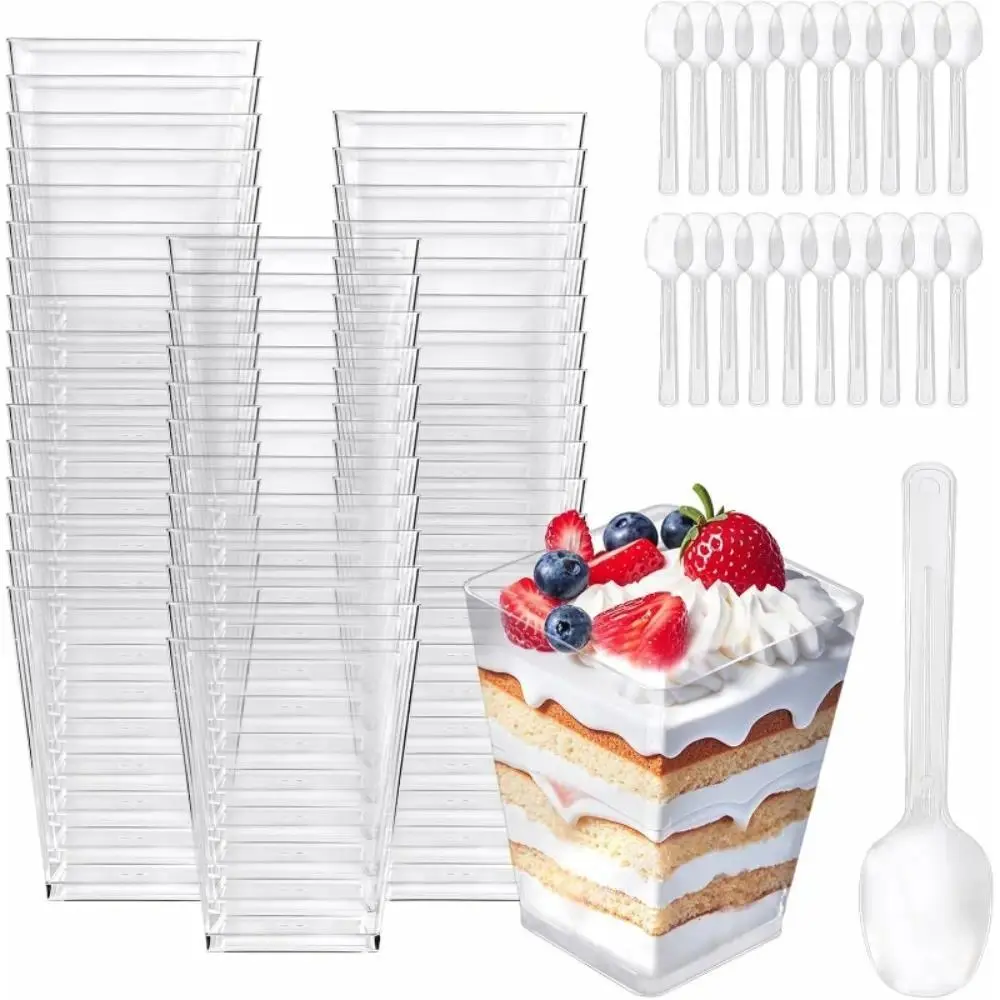100PCS【50 Cups & 50 Spoons】 Square Puff Pastry Cups with Spoons – Clear Plastic Dessert Bowls for Party, Snacks & Mini Desserts | Disposable Appetizer Cups cupcake box