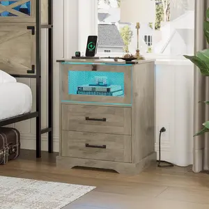 Hasuit Farmhouse Night Stand with LED Lights and Charging Station, Rustic Oak Nightstand with 2 Drawers, and Cubby with Wire Mesh Door, Bedside End Table for Bedroom