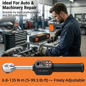Digital Torque Wrench 1/2 Inch Square Head, Adjustable Range 5-99.5 Ft.lbs, Bi-Directional Ratchet, Precision ±1%, Vibration & LED Alerts, Ratchet Tool