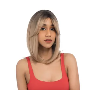 13-Inch Ash Cinnamon Blonde Ombre (Dark Brown Roots) Straight Synthetic Wig | 【Heat Resistant】【Cap Included】 | #60 @41 FSGA