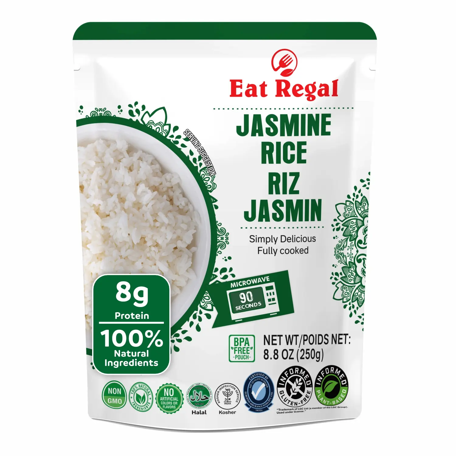Eat Regal Jasmine Rice – Microwave Parboiled, 8.8oz (Pack of 6) | Ready in 1.5 Minutes | 100% Natural | Pre-Cooked Thai Sticky Rice | Easy Side Dish Grain Carb